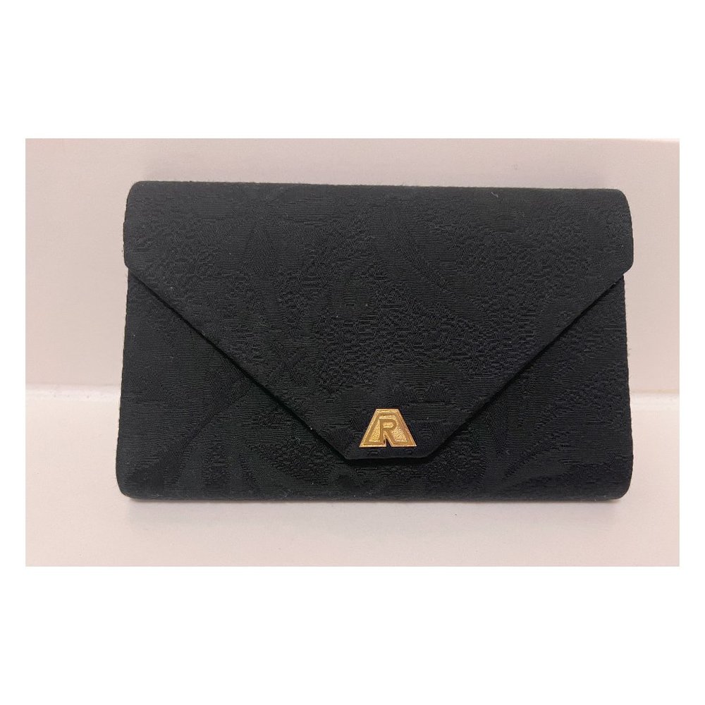 ALEXANDRE REZA Rare Vintage Black Brocade Clutch With Solid 18K Gold Logo
